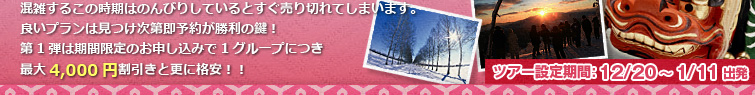 混雑するこの時期はのんびりしているとすぐ売り切れてしまいます。良いプランは見つけ次第即予約が勝利の鍵！第1弾は期間限定のお申し込みで1グループにつき最大4,000円割引きと更に格安！！