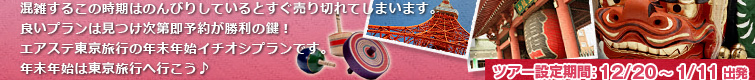 混雑するこの時期はのんびりしているとすぐ売り切れてしまいます。良いプランは見つけ次第即予約が勝利の鍵！エアステ東京旅行の年末年始イチオシプランです。