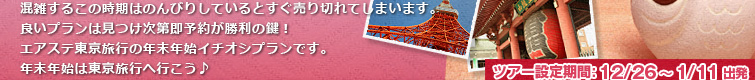 混雑するこの時期はのんびりしているとすぐ売り切れてしまいます。良いプランは見つけ次第即予約が勝利の鍵！エアステ東京旅行の年末年始イチオシプランです。